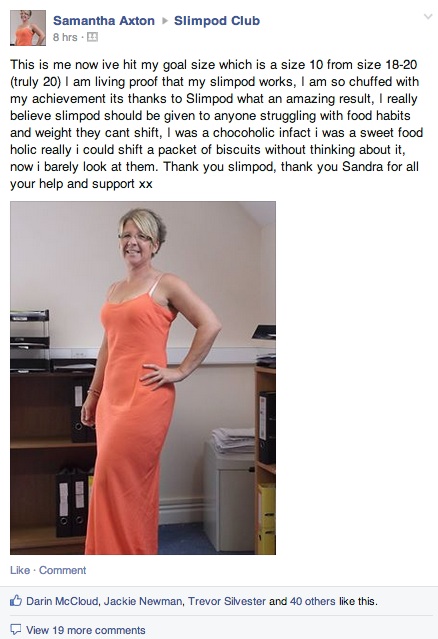 Sam Axton reveals on Facebook how she went from size 20 to size 10 with a Thinking Slimmer Slimpod